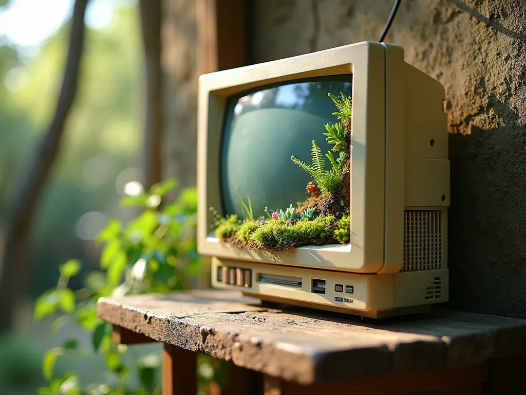 Computer Monitor Terrarium in School Garden - Close-up shot of a repurposed vintage beige computer monitor transformed into an artistic terrarium, positioned on a rustic wooden outdoor shelf against a school garden wall. The monitor's screen area features a thriving miniature ecosystem with small ferns, moss, and tiny succulents arranged in layers. Soft afternoon sunlight filters through nearby trees, casting dappled shadows on the unique planter. The terrarium is accented with small decorative stones and tiny figurines, while delicate mist creates a dreamy atmosphere inside the enclosure. The monitor's original buttons and framework are still visible, creating an intriguing contrast between technology and nature. The background shows other eco-friendly garden elements slightly out of focus.