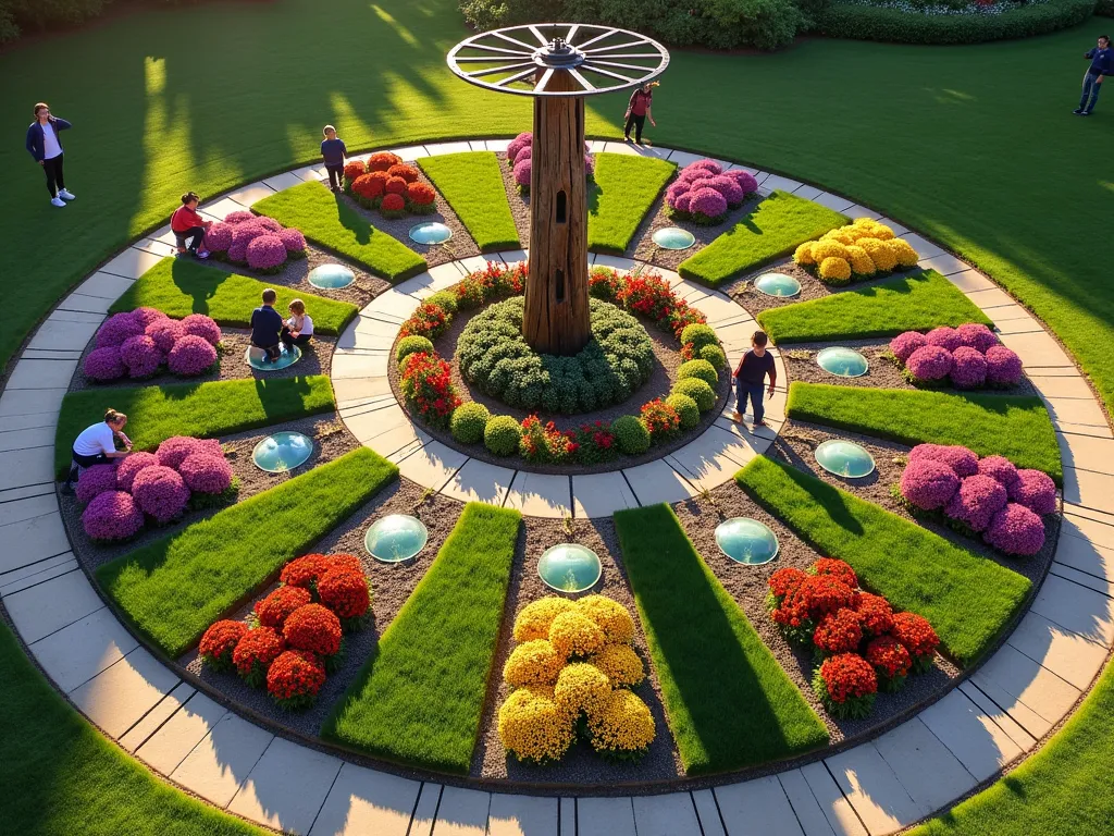 Educational Sundial Garden Clock - A stunning circular garden bed designed as a giant clock face, photographed at golden hour with long shadows. The 12-foot diameter garden features recycled metal clock hands as garden dividers, creating 12 distinct wedge-shaped segments. Each hour position is marked by different colored flowering plants - purple salvias at 12, yellow marigolds at 3, red zinnias at 6, and white petunias at 9. The center features a tall, artistic sundial made from repurposed metal gears and clock parts mounted on a weathered wooden post. Natural stone pavers form the clock's perimeter, with recycled glass bottles embedded to create hour markers that sparkle in the sunlight. Several students are visible working in the garden, emphasizing its educational purpose. Shot from a 45-degree elevated angle to clearly show the clock face design, with warm sunset light casting long shadows across the artistic installation.