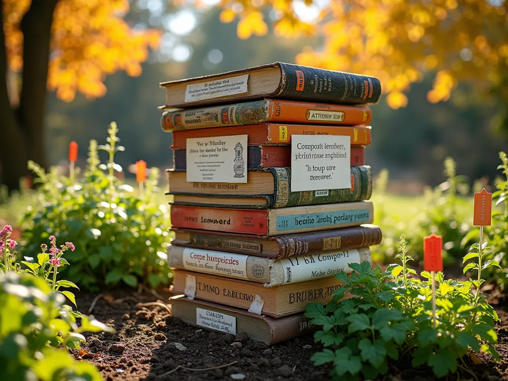 Educational Textbook Compost Bin - A creative three-tiered compost bin in a sunny school garden corner, constructed with recycled textbook covers creating a visually striking mosaic pattern. The bin features clear educational labels and diagrams on each layer explaining the composting process. Shot during golden hour, with dappled sunlight filtering through nearby maple trees, highlighting the weathered textbook spines in warm tones. The bin is surrounded by flourishing herb gardens and native flowers, with students' colorful garden markers visible in the background. Composition includes both the full structure and a detailed close-up of the educational labels. Captured with a DSLR camera, wide-angle lens at f/8, ISO 100, 1/125 sec, emphasizing the textural details of the repurposed materials and the natural garden setting.