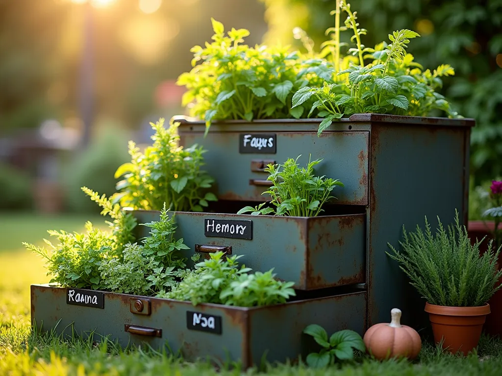 Upcycled Filing Cabinet Herb Garden at Dawn - A creative repurposed vintage metal filing cabinet lying horizontally in a sunny garden corner at dawn, transformed into a multi-tiered herb garden. The partially opened drawers create a cascading effect, each filled with lush herbs of varying heights and textures. Handwritten chalkboard labels mark each drawer with herb names. Morning dew glistens on the herbs, while soft golden sunlight casts long shadows across the weathered metal cabinet. Shot from a low angle with selective focus on the herbs spilling over drawer edges, 16-35mm lens capturing the full cabinet while blurring the natural garden background. Vintage-style garden accessories and small terracotta pots complement the scene.