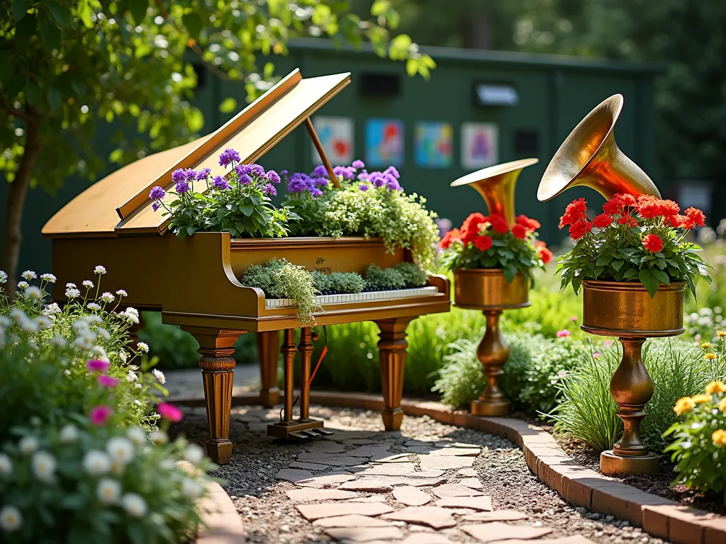 Whimsical Musical Garden with Recycled Instruments - A magical afternoon garden scene featuring repurposed musical instruments as planters in a school garden setting. A golden vintage piano serves as the centerpiece, its open lid hosting cascading purple petunias and trailing ivy. Surrounding the piano, brass tubas mounted on decorative stands overflow with vibrant red geraniums and white alyssum. Vintage drums arranged at varying heights create a rhythmic display filled with colorful zinnias and marigolds. Natural sunlight filters through nearby trees, casting musical-note-shaped shadows across a rustic pebble pathway. The background shows children's artwork featuring musical notes integrated into the garden design. Shot with a wide-angle lens capturing the entire whimsical arrangement while maintaining sharp detail of the trailing plants and weathered brass instruments. Professional DSLR photography with perfect depth of field highlighting both the musical instruments and the thriving plants.