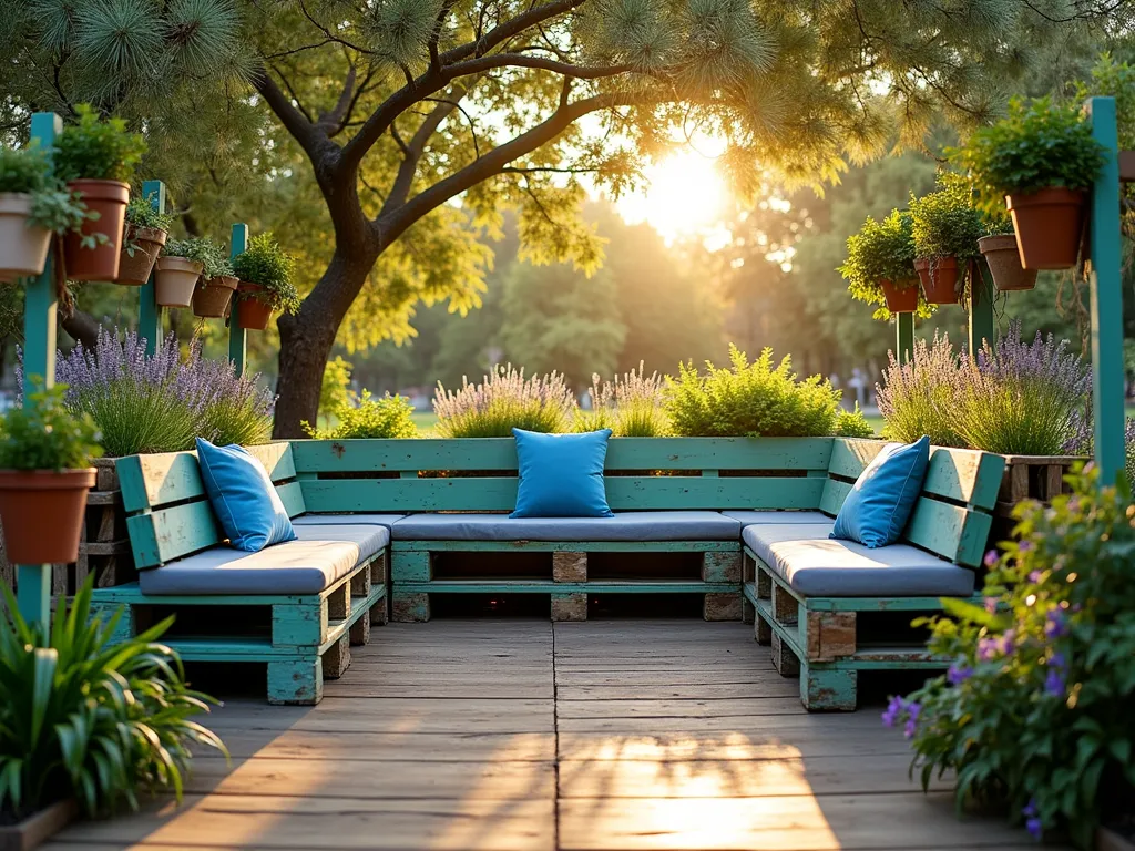 Cozy Pallet Reading Garden Nook - A charming outdoor reading nook in a school garden, shot during golden hour with soft, warm sunlight filtering through overhanging trees. A wide-angle view shows two L-shaped weathered wooden pallet benches with mint-green and sky-blue weather-resistant paint, adorned with plush recycled denim cushions. The pallets are cleverly integrated with built-in planter boxes featuring cascading ivy, lavender, and native wildflowers. Students' books rest on small pallet-made side tables. The space is intimately enclosed by vertical pallet planters hosting climbing jasmine and butterfly peas, creating a natural reading sanctuary. Captured with a 16-35mm lens at f/2.8, ISO 400, emphasizing the magical interplay of light and shadow through the foliage.