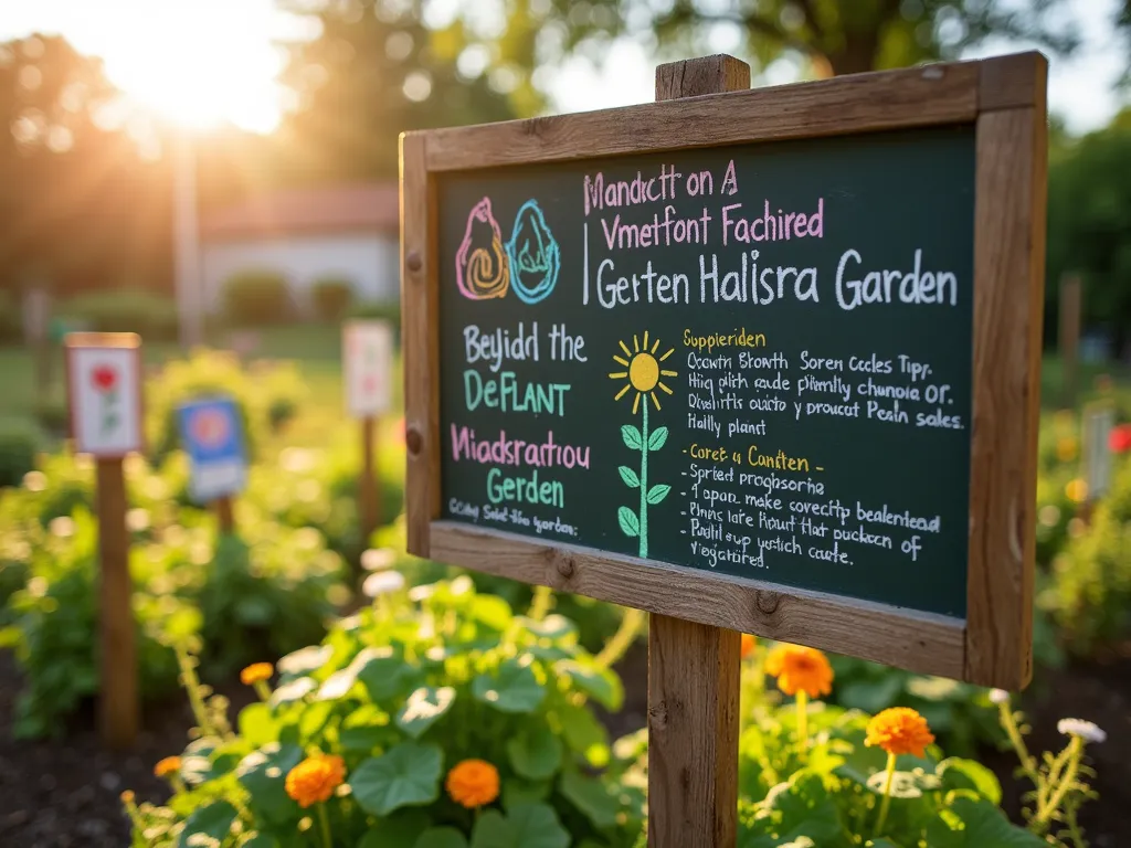 Rustic Chalkboard Garden Educational Display - A close-up shot of a charming vintage-style chalkboard garden sign in a sunny school garden, mounted on rustic wooden posts. The chalkboard displays hand-drawn plant labels and care instructions with colorful chalk art. Surrounded by blooming vegetables and herbs, with children's decorated plant markers visible in the background. Golden afternoon sunlight filters through nearby trees, creating a warm, educational atmosphere. Shot with shallow depth of field, focusing on the detailed chalk illustrations of plant growth cycles and garden tips. 16-35mm lens at f/2.8, ISO 400.