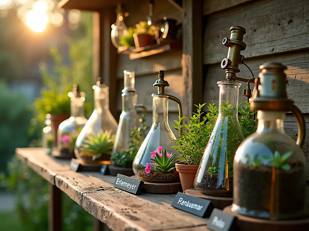 Science Lab Garden Corner - Close-up shot at golden hour of a charming outdoor garden corner featuring vintage laboratory glassware repurposed as planters. A weathered wooden shelf displays an array of clear glass beakers, Erlenmeyer flasks, and test tube racks filled with colorful succulents, herbs, and small flowering plants. Vintage brass microscopes and scientific instruments accent the display. Soft evening sunlight filters through the glass containers, creating prismatic reflections on the rustic wood backdrop. Small chalkboard labels identify plant species. Shot with shallow depth of field highlighting the delicate plants within the scientific vessels.