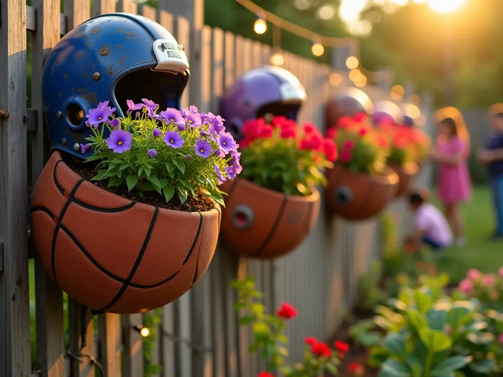 Sports Equipment Garden Transformation - A close-up vibrant garden shot during golden hour, featuring creative planters made from repurposed sports equipment arranged in a tiered display. An old football helmet filled with cascading purple petunias and white alyssum, alongside a basketball cut in half mounted on a wooden fence housing bright red geraniums. Several vintage baseball gloves attached to the fence cradle small succulent gardens. The scene is captured with shallow depth of field, soft natural lighting casting warm shadows, enhanced by string lights wrapped around the fence posts. The background shows blurred children tending to other sports-themed planters in a school garden setting. Shot with a digital camera, 16-35mm lens at f/2.8, ISO 400, creating a dreamy bokeh effect that highlights the unique blend of athletics and gardening.