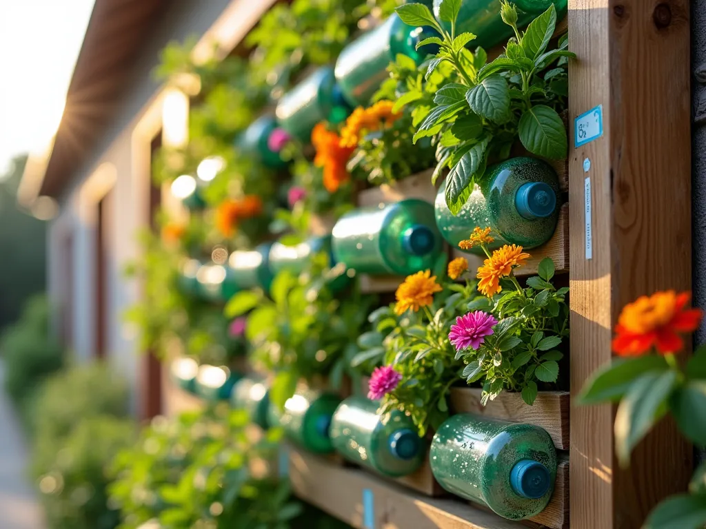 Sustainable School Garden Bottle Wall - A vibrant vertical garden wall made from recycled plastic bottles mounted horizontally on a wooden frame against a school building exterior, backlit by soft morning sunlight. The bottles, cut lengthwise and arranged in neat rows, overflow with colorful herbs and small flowering plants. Close-up perspective showcasing the innovative irrigation system connecting the bottles, with water droplets glistening on fresh basil and mint leaves. Children's painted handprints decorate the wooden frame, while butterfly-attracting marigolds and compact lettuce varieties create a living tapestry of sustainable gardening. The wall features a natural weathered wood framework with clear organizational labels for each plant variety, demonstrating both educational value and aesthetic appeal.