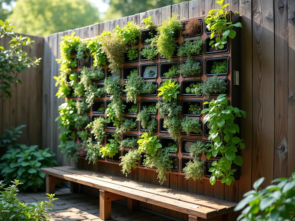 Upcycled Cafeteria Tray Living Wall - A sun-dappled courtyard features a stunning vertical garden made from repurposed plastic cafeteria trays mounted on a weathered wooden fence. The trays, arranged in a geometric pattern, are filled with cascading succulents, fresh herbs, and colorful sedums. Natural morning light creates gentle shadows across the installation, while small water droplets glisten on the plants. The divided sections of each tray create a mesmerizing grid pattern, hosting different varieties of mint, thyme, and echeveria. A rustic wooden bench sits below the living wall, creating an inviting educational space. Photorealistic detail, soft bokeh effect in background, 75mm lens perspective.