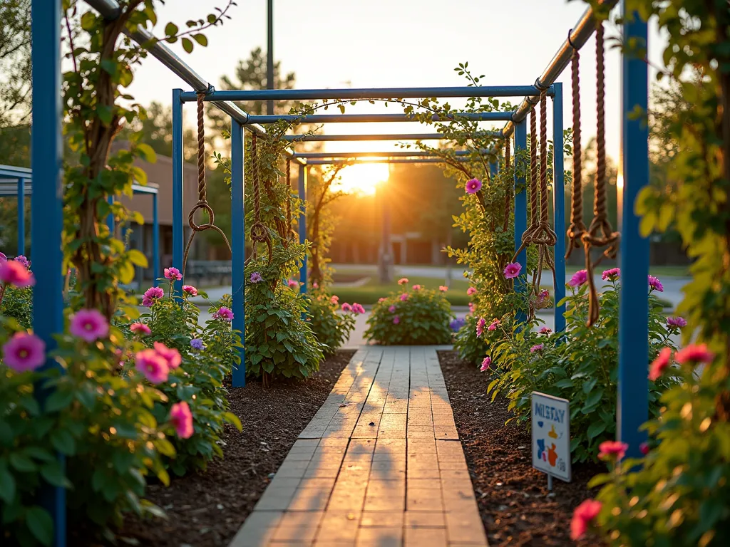 Upcycled Gym Equipment Garden Climbers - A creative school garden featuring repurposed metal parallel bars and climbing ropes elegantly transformed into plant supports, captured during golden hour. Wide-angle shot showing vintage blue-painted gymnastics equipment artfully arranged in a garden bed, with lush morning glories and climbing roses intertwining up the structures. Natural wood mulch pathways weave between the supports, while vintage gymnasium climbing ropes hang in graceful curves, supporting flourishing purple clematis vines. The setting sun casts long shadows across the garden, highlighting the artistic fusion of athletic equipment and natural growth. Small butterfly garden accents and educational plant markers complete the whimsical learning environment.