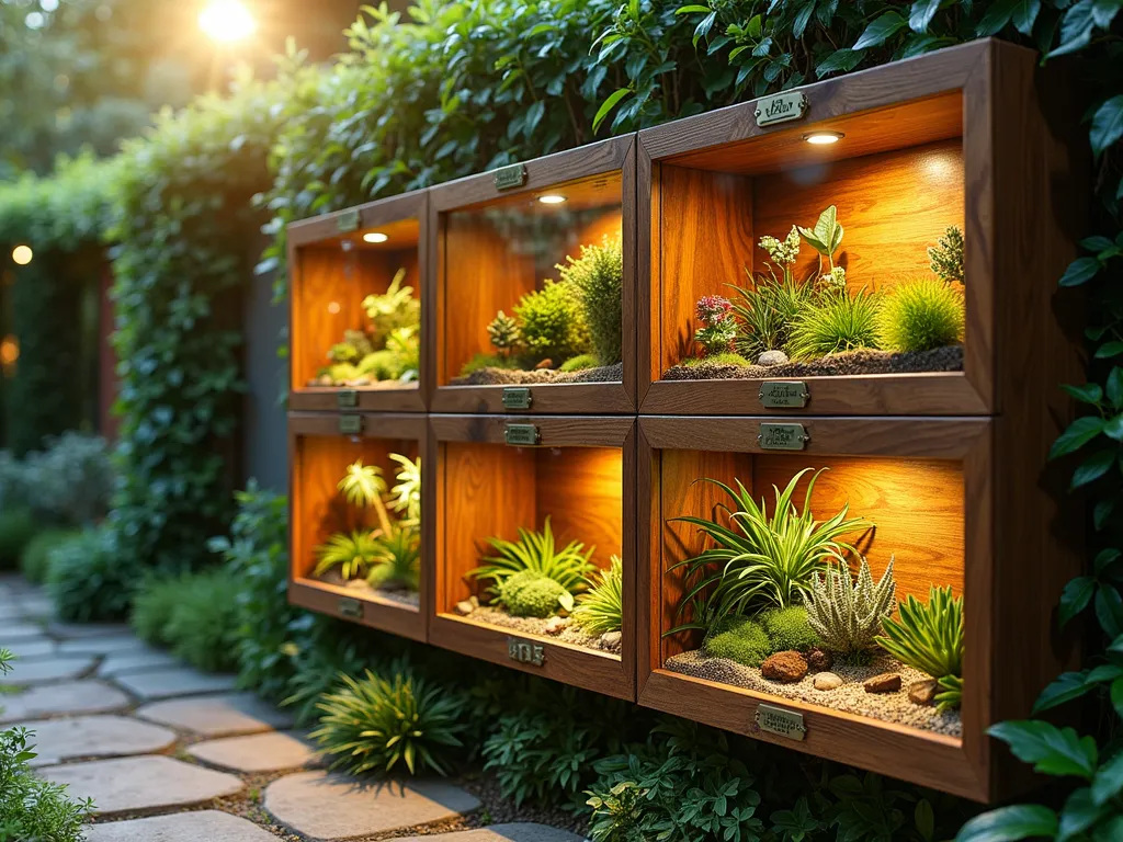 Upcycled Trophy Case Garden Wall - A stunning late afternoon shot of a repurposed wooden and glass trophy case wall mounted in a school garden courtyard. The wall features multiple illuminated glass compartments transformed into miniature terrariums, each displaying different thriving ecosystems. The bottom shelf showcases a vibrant miniature rainforest with small ferns and moss, the middle shelf contains a desert landscape with small succulents and colored sand, and the top shelf presents an award-winning orchid display with delicate air plants. Soft golden sunlight filters through the glass, creating a magical glow on the preserved brass trophy plaques now repurposed as plant labels. The case's rich wooden frame has been weather-sealed, complementing the natural garden setting with vintage charm. A stone pathway leads to the display, with climbing ivy framing the edges of the trophy case wall.