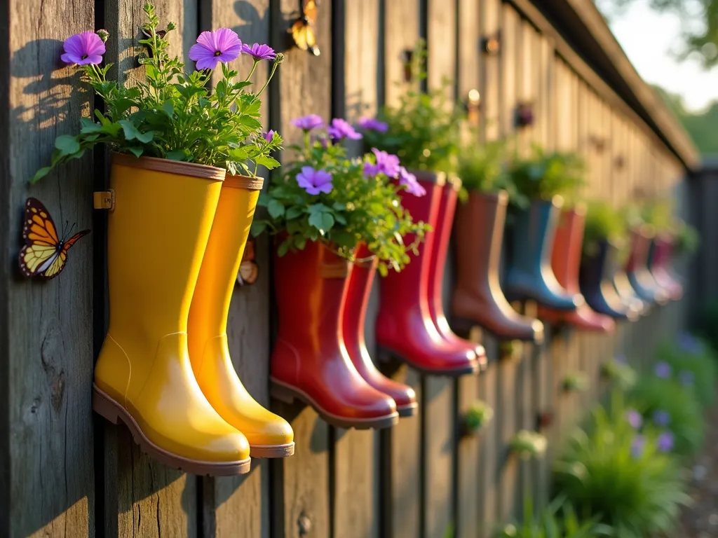 Whimsical Recycled Shoe Garden Wall - A close-up shot of a charming vertical garden wall in a school yard, featuring an artistically arranged collection of colorful recycled boots and shoes mounted on a rustic wooden backdrop. Old rain boots in vibrant yellows and reds, alongside worn leather boots in earthy browns, are transformed into unique planters cascading with purple petunias, trailing ivy, and fresh herbs. Golden afternoon sunlight casts gentle shadows across the wall, highlighting the textures of both the footwear and the flourishing plants. Small identification tags beside each planter add an educational touch, while butterfly decorations made from recycled materials complete the whimsical scene. Shot with shallow depth of field focusing on the central boots, creating a dreamy botanical atmosphere.