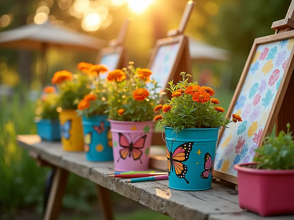 Vibrant Art Supply Container Garden - A charming outdoor learning space at golden hour, featuring colorfully painted recycled art supply containers and paint buckets transformed into planters. Large, cylindrical paint buckets adorned with whimsical butterfly and flower designs house blooming marigolds and zinnias. Art supply boxes painted in rainbow colors contain herbs and cherry tomatoes. Students' easels are set up nearby, creating an inspiring outdoor art classroom setting. Natural sunlight filters through the foliage, casting warm shadows across the creative garden space. Shot with a wide-angle lens to capture the entire outdoor classroom setup, with selective focus on the detailed container paintings. Depth of field emphasizes both the artistic containers and thriving plants.