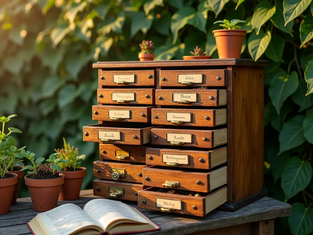 Vintage Card Catalog Seed Library in Garden Setting - Close-up shot of a beautifully restored wooden library card catalog cabinet placed in a rustic garden setting during golden hour. The cabinet sits on a weathered wooden potting bench against a backdrop of climbing ivy. Several drawers are partially opened, revealing meticulously organized seed packets and sprouting seedlings in biodegradable pots. Handwritten botanical labels stick out from the drawers in classic library style. Soft evening sunlight filters through nearby trees, casting dappled shadows across the cabinet's brass hardware. A vintage gardening book lies open beside the cabinet, with scattered heirloom seed packets and small terracotta pots adding authentic character. Shot with shallow depth of field highlighting the cabinet's rich wood grain and organizational system. 16-35mm lens at f/2.8, ISO 400.