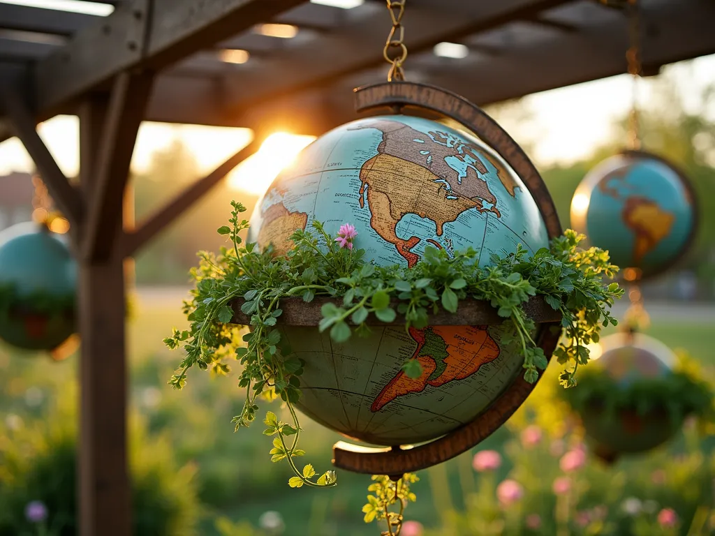 Vintage Globe Garden Educational Display - Close-up shot of a repurposed vintage world globe transformed into an artistic hanging planter, suspended from a rustic wooden pergola in a school garden setting at golden hour. The globe is split horizontally, with the bottom half serving as a planter filled with cascading herbs and native plants. The aged patina of the globe's surface creates a beautiful contrast with the lush greenery spilling over its edges. Sunlight filters through the pergola slats, casting intricate shadows on the globe's geographic details. Multiple globe planters at different heights create a magical educational garden display, with small identification tags indicating which plants are native to the regions shown on the globes. Shot with shallow depth of field focusing on the main globe planter, with a soft bokeh effect on the garden background.