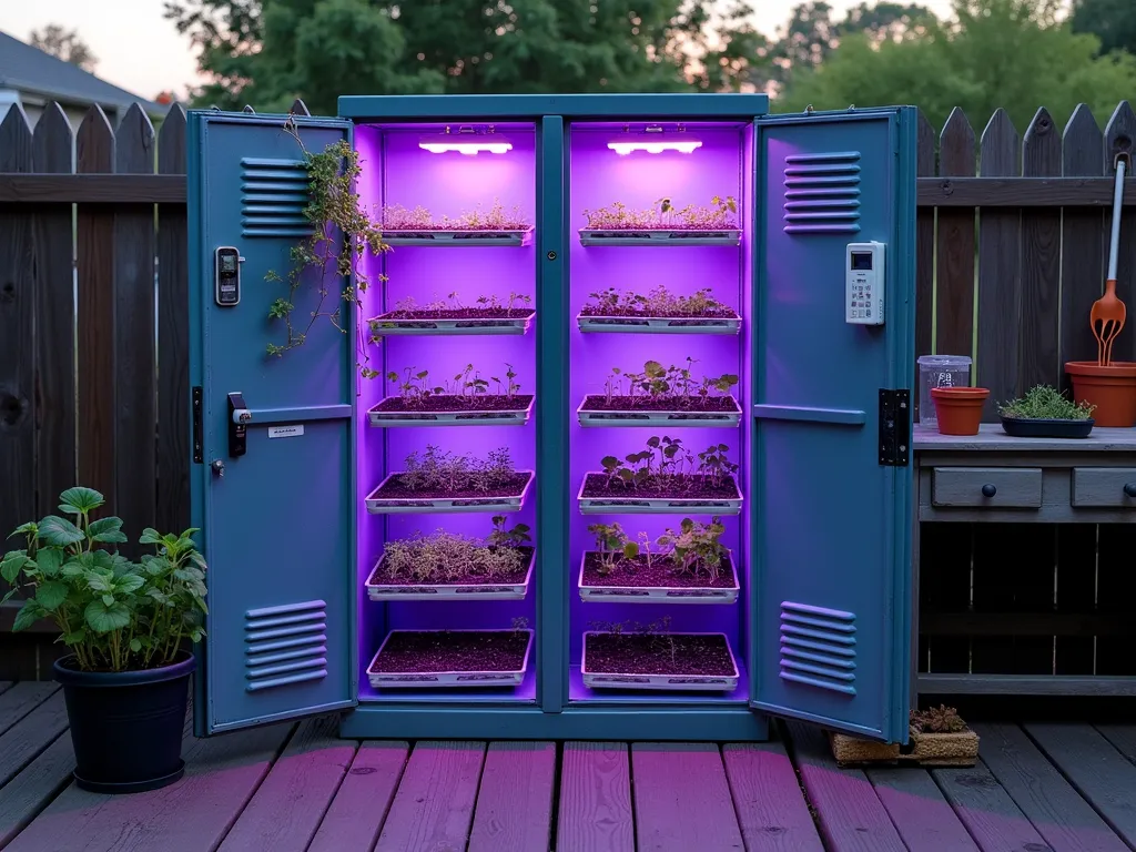 Vintage School Locker Garden Station - A repurposed vintage metal school locker transformed into a modern seed starting station, photographed at dusk. The locker's doors are open revealing multiple shelves illuminated by purple-blue LED grow lights. Each shelf contains neat rows of seedling trays with emerging sprouts. The industrial-style locker features clean lines and weathered blue paint, creating an artistic contrast against a rustic wooden deck backdrop. Trailing plants cascade from the top shelf, while temperature and humidity monitors are visible on the inside door. A potting station with vintage garden tools sits adjacent to the locker, completing the sustainable garden vignette. Soft evening light creates dramatic shadows and highlights the glow from the grow lights.