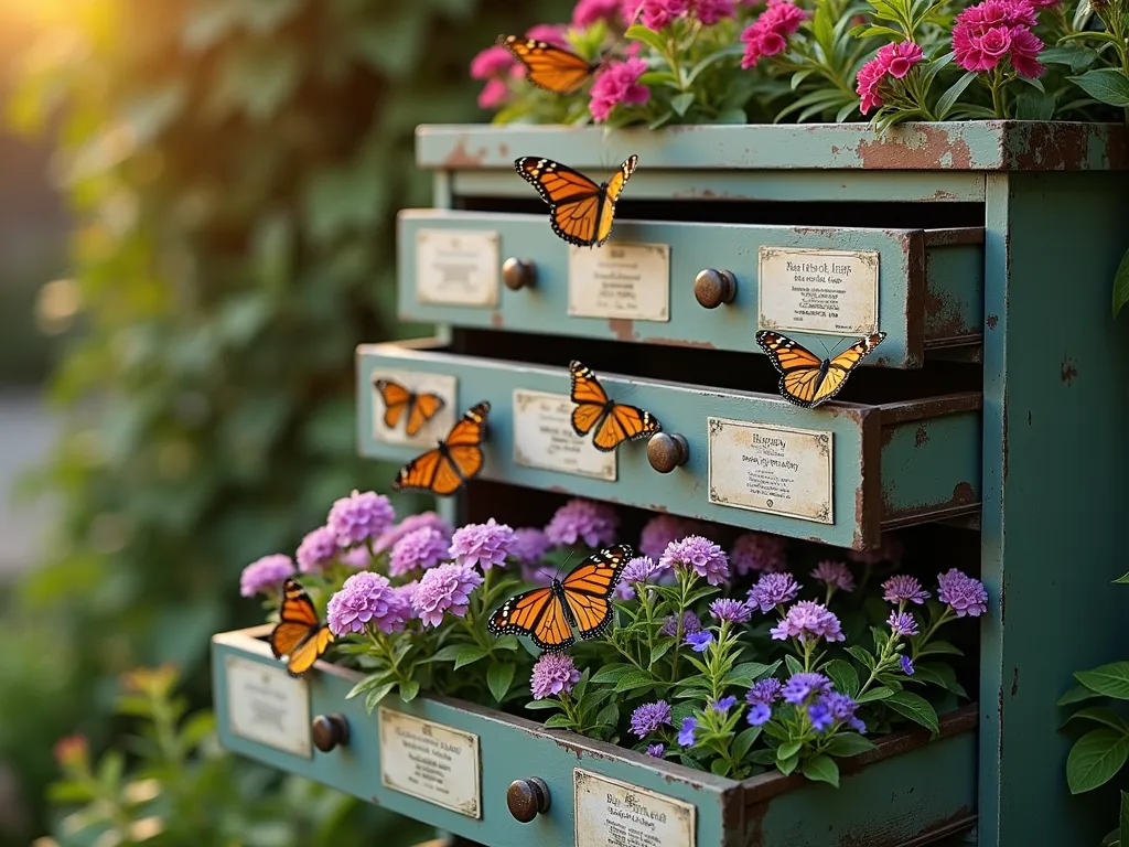 Vintage Map Cabinet Butterfly Garden at Dawn - A stunning close-up photograph of a repurposed vintage metal map cabinet transformed into a vertical butterfly garden, captured during golden hour sunrise. The wide, flat drawers are pulled out at varying depths, creating a cascading effect, each filled with vibrant butterfly-attracting flowers in purples, pinks, and yellows. Lantana, butterfly bush, and purple coneflowers bloom abundantly. Morning dew glistens on the plants, while several monarch and swallowtail butterflies hover around the flowers. Each drawer features elegant botanical labels and butterfly identification cards. The cabinet, painted in a weathered sage green, sits against a rustic garden wall covered in climbing jasmine. Shot with shallow depth of field highlighting the delicate butterfly wings and flower petals, with a soft bokeh effect in the background.