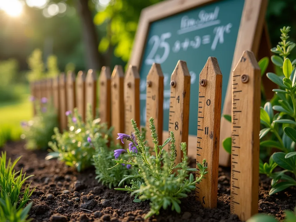 Vintage Ruler Garden Border - Close-up shot of a charming garden border made from reclaimed wooden rulers and yardsticks arranged vertically at varying heights, creating a whimsical fence-like border around a flourishing herb garden. The warm afternoon sunlight casts gentle shadows across the aged wood, highlighting the faded numbers and measurements on the rulers. Small clusters of flowering thyme and compact sage plants peek through the ruler border, while a vintage-style chalkboard with mathematical equations stands in the background. The rulers' rich honey-colored patina contrasts beautifully with the lush greenery and dark soil. Shot with shallow depth of field focusing on the ruler detail and educational measuring marks, with soft bokeh effect on the garden beyond.