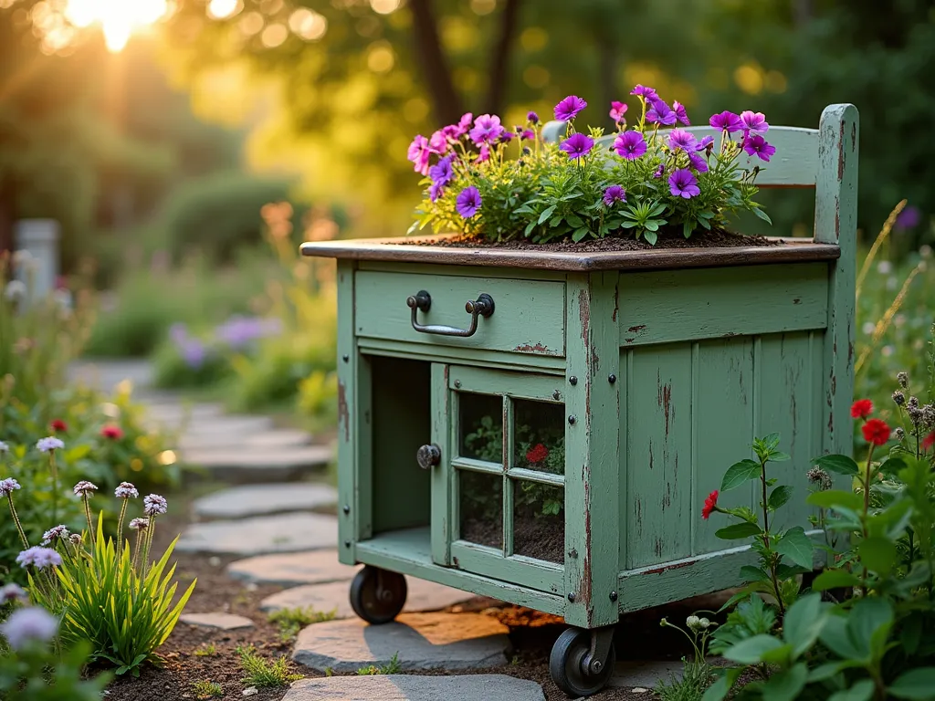 Vintage School Desk Garden Planter - A creative garden vignette featuring a weathered wooden school desk transformed into a charming planter, photographed during golden hour. The desk, painted in a cheerful sage green with distressed details, sits on rustic metal wheels in a cottage garden setting. The desk's surface has been replaced with galvanized mesh, overflowing with cascading purple petunias, red geraniums, and white alyssum. Beneath, the book compartment serves as a mini greenhouse with young herb seedlings visible through clear panels. A natural stone pathway winds around the desk, while dappled sunlight filters through nearby trees, creating a magical educational garden atmosphere. Shot with shallow depth of field focusing on the flourishing plants and vintage desk details.