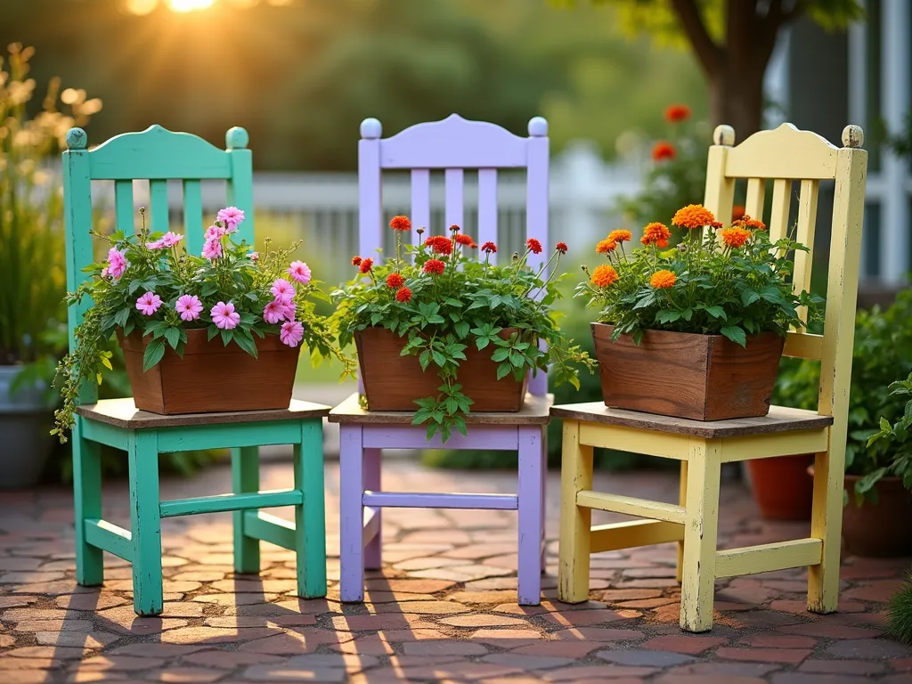 Whimsical Chair Planter Garden Display - A charming garden vignette captured during golden hour, featuring three vintage wooden chairs transformed into planters. The chairs, painted in whimsical colors of mint green, soft lavender, and pale yellow, are arranged in an artistic grouping on a rustic brick patio. Each chair has its seat removed and replaced with overflowing wooden planter boxes. The planters burst with cascading petunias, trailing ivy, and vibrant marigolds. Soft evening sunlight filters through the foliage, creating gentle shadows on the weathered brick surface. The composition is photographed from a slight low angle to emphasize the height of the chairs and the dramatic draping of the plants. Background features blurred garden greenery and a partial view of a white picket fence. Shot with shallow depth of field focusing on the central chair, creating a dreamy, vintage garden atmosphere.