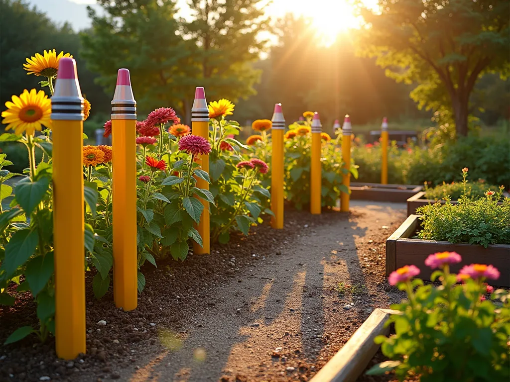 Whimsical Pencil Garden Border - A charming garden border made from oversized pencils crafted from painted PVC pipes, photographed during golden hour. The pencils, standing 3 feet tall, are realistically painted in yellow with pink eraser tops and graphite tips, arranged in a gentle curve to border a flourishing children's garden. Colorful zinnias and marigolds bloom between the pencils, while cheerful sunflowers tower behind them. Wide-angle shot capturing the entire border's playful curve, with natural sunlight casting long shadows from the pencil posts across a mulched pathway. The background shows raised garden beds with vegetables and herbs, creating an educational and whimsical atmosphere. Shot with a DSLR camera, f/8 aperture, capturing the rich golden light and detailed textures of the painted PVC pipes.