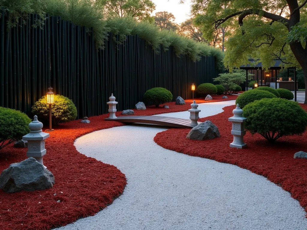 Serene Asian Garden with Red Mulch and White Gravel - A tranquil Asian-inspired garden at dusk, featuring a harmonious blend of deep red mulch and pristine white gravel paths creating a striking yin-yang pattern. A tall black bamboo grove serves as a dramatic backdrop, while meticulously cloud-pruned Japanese holly bushes dot the landscape. Traditional granite stone lanterns cast a warm glow along the winding gravel path. The scene includes carefully placed natural rocks and a small wooden bridge crossing a dry stream bed design. Shot from a medium-wide angle to capture the peaceful composition and zen-like atmosphere, with the last rays of sunset creating long shadows across the textured ground cover.