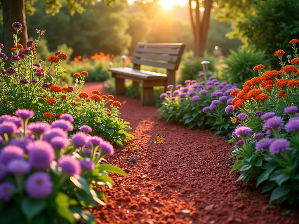 Butterfly Haven with Red Mulch Pathways - A serene garden scene at golden hour, featuring winding red mulch pathways weaving between vibrant clusters of butterfly-attracting flowers. The garden includes masses of purple coneflowers, pink butterfly bush, and orange lantana in full bloom. Butterflies hover gracefully over the flowers, while the rich crimson mulch creates striking contrast against the lush greenery. Solar-powered path lights line the mulched walkways, and a rustic wooden bench sits in a cozy nook. The scene is captured from a medium-high angle, showing the organic flow of the pathways and the thoughtful garden design. Soft, warm sunlight filters through the scene, creating a magical atmosphere.