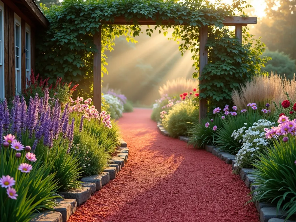 Cottage Garden Red Mulch Path at Dawn - A dreamy, winding garden path covered in vibrant red mulch, photographed at dawn with soft golden light filtering through morning mist. The path meanders through a lush cottage garden featuring billowing lavender, pink echinacea, white daisies, and purple delphiniums. Climbing roses adorn a weathered wooden arch overhead. The red mulch creates a rich, warm contrast against the informal cottage plantings, while ornamental grasses sway gently in the morning breeze. Captured with a wide-angle lens to show the sweeping curves of the path, with selective focus highlighting the textural details of the mulch and the delicate flowers. Natural stone edging defines the pathway borders, while vintage-style garden lanterns add charm. Shot in high resolution with perfect depth of field to capture both near and distant garden elements.