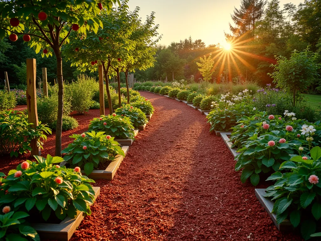 Edible Garden Paradise with Red Mulch Borders - A golden hour photograph of a stunning edible landscape garden, featuring neat red mulch pathways weaving between raised beds. In the foreground, vibrant strawberry plants and flowering herbs create a lush border. The mid-ground showcases dwarf fruit trees laden with apples and cherries, while blueberry and raspberry bushes add height variation. Rustic wooden garden markers identify different edible plants. The red cedar mulch creates striking contrast against the green foliage, with late afternoon sun casting long shadows and illuminating the scene with warm, golden light. The garden design follows gentle curves, creating an inviting and productive space that combines beauty with functionality. Shot with a wide-angle perspective to capture the flowing design of the paths and plantings.