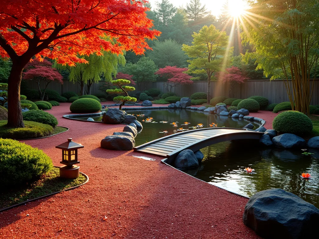 Harmonious Feng Shui Garden with Red Mulch - A serene Japanese-inspired garden at golden hour, photographed with a wide-angle lens. Red mulch pathways wind through carefully manicured spaces, leading to a central stone water feature with gentle cascading water. Traditional Japanese maples cast dappled shadows on the mulch, while perfectly pruned bonsai trees and bamboo create vertical interest. Natural stone lanterns provide subtle lighting, and carefully placed black river rocks create a yin-yang balance against the vibrant red mulch. A small wooden bridge crosses over a tranquil koi pond, with water lilies floating on the surface. The composition emphasizes the balance between fire elements (red mulch) and water features, captured with soft, warm lighting and shallow depth of field.