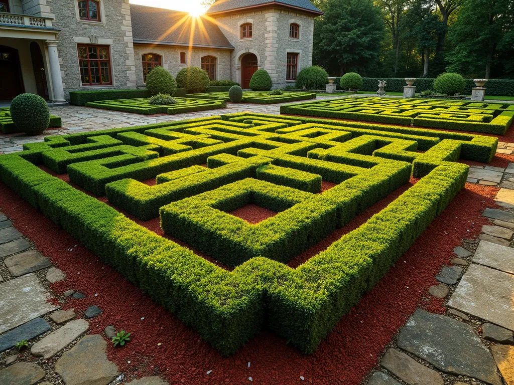 Elegant Formal Knot Garden with Red Mulch Pathways - A meticulously designed formal knot garden photographed at golden hour, featuring intricate geometric patterns created with neatly trimmed boxwood hedges and bordered by vibrant red mulch pathways. The symmetrical design showcases a classical Celtic knot pattern, with the low-angled sunlight casting subtle shadows that emphasize the garden's dimensional qualities. Lavender and thyme fill the spaces between the patterns, while the rich red mulch creates striking contrast against the deep green boxwood. Shot from a slightly elevated angle to capture the complete pattern design, with a historic stone mansion partially visible in the background. The garden is framed by weathered stone pathways and classical urns at key intersections, highlighting the formal European garden style. DSLR wide-angle shot at f/8, ISO 100, 1/125 sec, capturing the perfect balance of detail and atmosphere in the evening light.