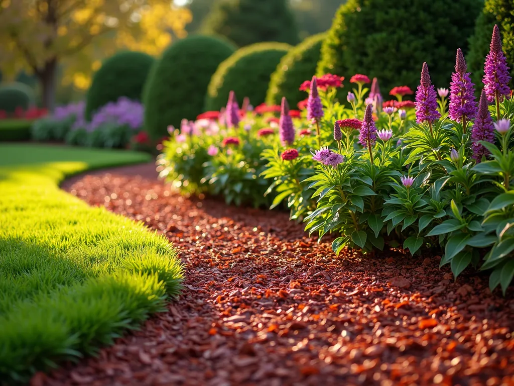 Four-Season Garden Border with Red Mulch - A lush, professionally landscaped garden border at golden hour, showcasing vibrant layers of plants against rich red mulch. In the foreground, winter-blooming hellebores and emerging spring tulip bulbs peek through the mulch. The middle ground features flowering purple coneflowers and black-eyed susans in full summer bloom. The background includes evergreen boxwoods and holly bushes laden with red winter berries. Dramatic side lighting casts long shadows across the textured red mulch path, highlighting the various plant heights and creating depth. The border curves elegantly, photographed at a 45-degree angle to show both the layered design and the striking contrast between the deep red mulch and the multi-seasonal plantings. Soft bokeh effect in the background reveals a well-maintained lawn and mature trees. Photorealistic, high detail, landscape architecture photography style.