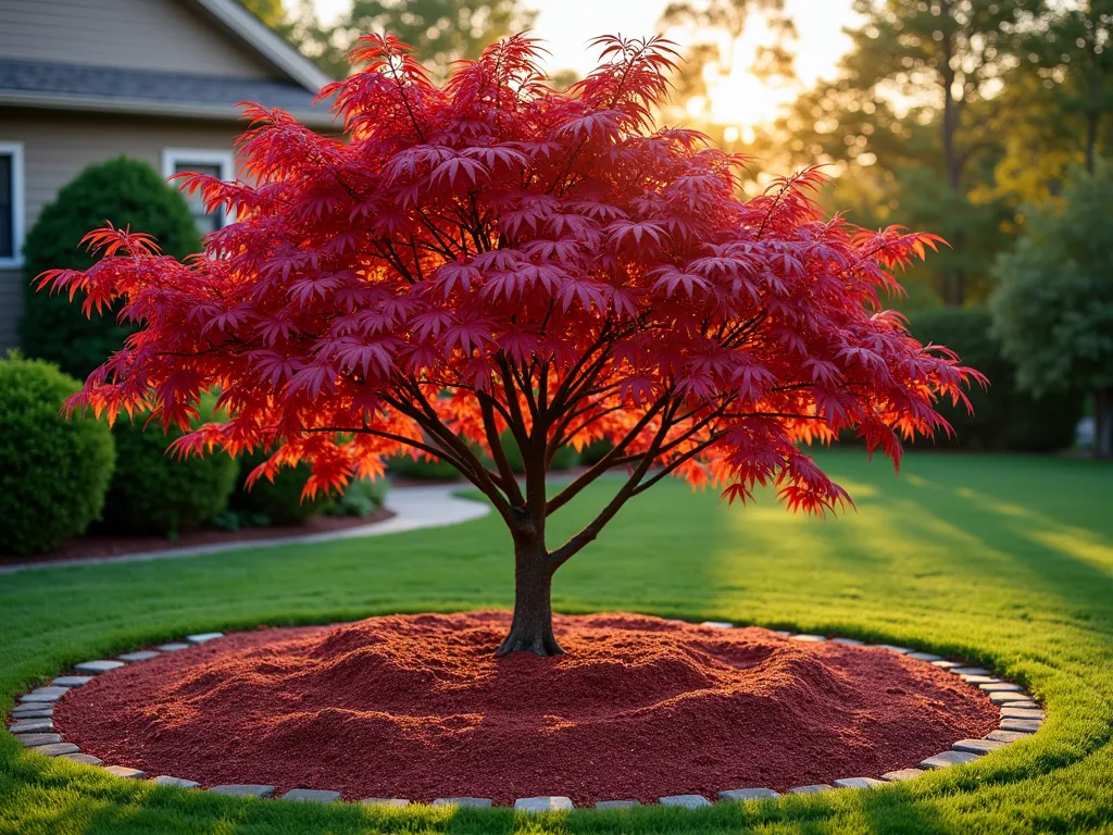 Japanese Maple Red Mulch Garden Circle - A stunning Japanese maple tree with delicate lacy crimson foliage centered in a perfectly circular garden bed filled with rich red mulch, photographed during golden hour. The mulch creates a clean, bold circular pattern that radiates outward from the tree's trunk, contrasting beautifully with the tree's cascading branches. Soft evening light filters through the maple's leaves, creating intricate shadows on the mulched surface. The circular bed is bordered by neatly trimmed grass, with natural stone edging defining the space. Shot from a slightly elevated angle to showcase the artistic symmetry of the design, with the low sun highlighting the varying shades of red between the mulch and the maple's foliage. Photorealistic, high detail, landscaping photography style.