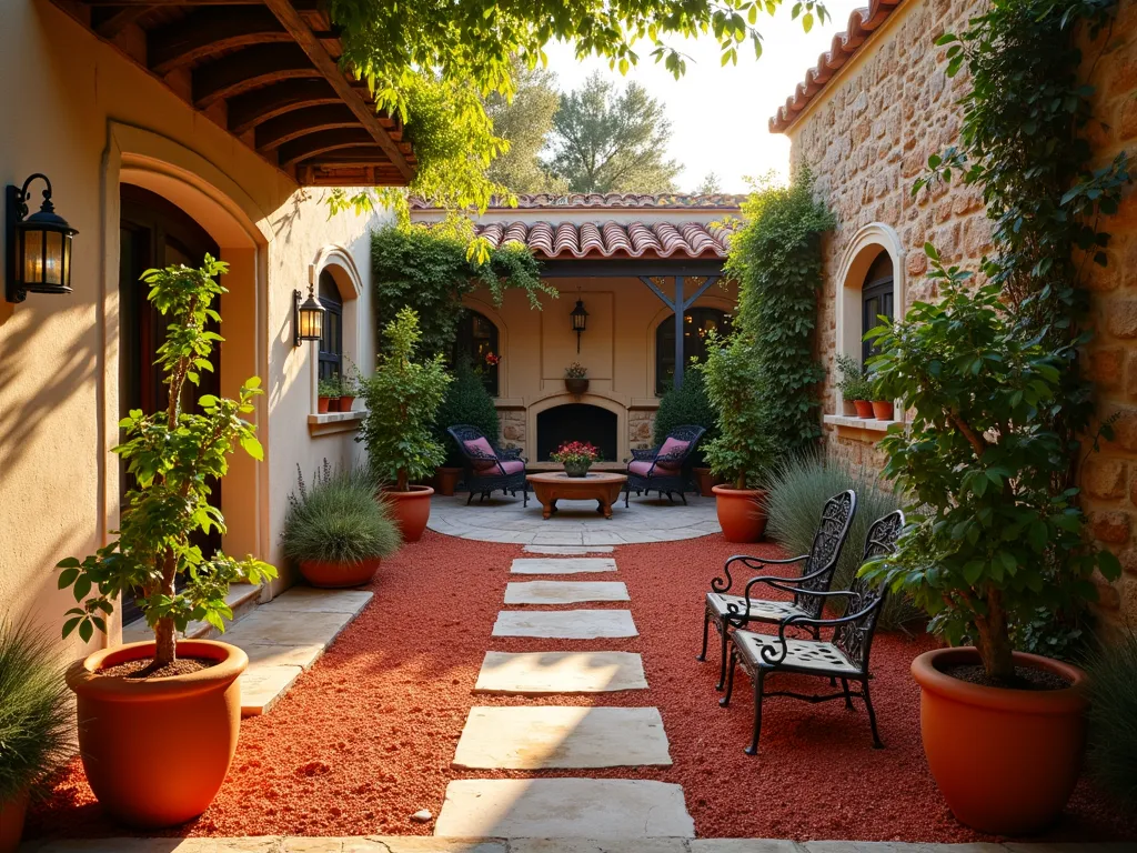 Mediterranean Courtyard with Red Mulch - A stunning intimate Mediterranean courtyard at golden hour, photographed with a wide-angle lens showing a tranquil space centered around vibrant red mulch pathways. Terra cotta potted lemon and olive trees create height and structure, while lavender and rosemary bushes add texture along the edges. Weathered stone walls frame the space, with climbing bougainvillea adding pops of color. A rustic wooden pergola provides partial shade, and wrought iron furniture creates a cozy seating area. The warm evening light casts long shadows across the red mulch, highlighting its rich color and creating a warm, inviting atmosphere. Shot at f/2.8 with shallow depth of field emphasizing the Mediterranean design elements.