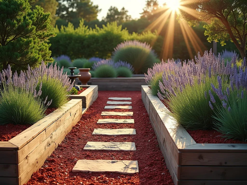 Mediterranean Herb Garden with Red Mulch - A serene late afternoon garden scene featuring elegant raised wooden beds filled with vibrant red mulch, captured with a wide-angle 16-35mm lens at f/2.8. Silver-leafed Mediterranean herbs cascade over the edges, with mature lavender's purple blooms, tall rosemary bushes, and clusters of sage creating a textural tapestry. Golden sunlight filters through the herbs, casting long shadows across the rich red mulch surface. Natural stone pavers wind between the beds, while a rustic terracotta pot fountain adds authentic Mediterranean charm. The composition shows multiple tiered beds with weathered cedar borders, perfectly highlighting the striking contrast between the deep red mulch and the silvery-green herb foliage. ISO 400 captures the warm light perfectly, emphasizing the garden's peaceful atmosphere and sophisticated design.