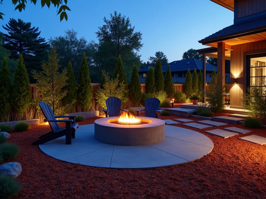 Modern Fire Pit Garden with Red Mulch - A stunning twilight photograph of a contemporary outdoor living space featuring a sleek circular concrete fire pit surrounded by red cedar mulch landscaping, shot with a wide-angle lens at f/8. Modern charcoal-colored Adirondack chairs form a conversation area around the fire pit, which glows warmly in the evening light. Architectural Japanese Forest Grass and Black Bamboo create dramatic shadows against subtle landscape lighting. Minimalist steel planters contain sculptural Blue Arrow Juniper trees, while LED strip lighting illuminates the defined mulch pathways. The scene captures the interplay between the rich red mulch ground cover and the modern hardscaping elements, photographed during the blue hour for maximum ambient lighting drama.