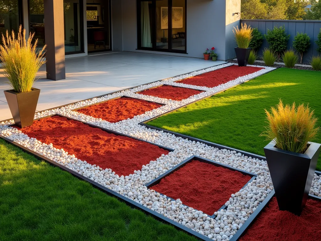 Modern Geometric Red Mulch Garden Design - A stunning modern backyard garden featuring bold geometric patterns created with vibrant red mulch, smooth white river rocks, and emerald green grass, photographed during golden hour. The design showcases precise angular shapes and clean lines, with raised metal edging defining each section. A series of triangular and rectangular segments alternate between red mulch and pristine lawn, while circular patterns of white river rocks create dramatic contrast. Modern architectural planters with tall ornamental grasses anchor the corners. Shot from a high angle perspective using a 16-35mm lens at f/2.8, ISO 400, capturing the striking pattern design while showing the contemporary home facade in the soft background. The low evening sun casts long shadows that emphasize the geometric shapes, creating additional visual interest and depth.