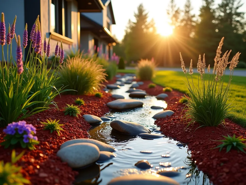 Modern Rain Garden with Red Mulch Border - A modern residential rain garden photographed during golden hour, featuring a stylish depression filled with water-loving plants like purple coneflowers, black-eyed susans, and ornamental grasses. The garden is beautifully bordered with vibrant red mulch that creates clean, contemporary lines. Smooth river rocks are strategically placed throughout, creating a natural flow pattern. Shot from a low angle with a 16-35mm lens, capturing the way the setting sun highlights the red mulch border and catches the softly swaying grass plumes. The background shows glimpses of a modern home facade with large windows, while rainchain guides water into the garden. The composition demonstrates both aesthetic appeal and functional stormwater management with clear depth and layering.