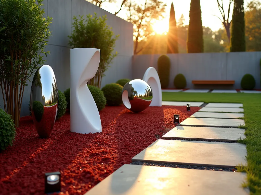 Modern Sculpture Garden with Red Mulch - A sophisticated garden scene at golden hour featuring sleek chrome and white abstract sculptures emerging from a pristine bed of vibrant red mulch. The landscape includes carefully placed architectural plants like black bamboo and spiral topiary junipers. Shot from a low angle to emphasize the dramatic interplay between the sculptures and plantings. The modern sculptures cast long shadows across the mulch, while strategic LED ground lighting illuminates key features. Clean-lined granite pavers create geometric pathways through the space. The background shows a minimalist concrete garden wall with floating wooden bench. Shot with shallow depth of field to create a dreamy, artistic atmosphere. DSLR, f/8, ISO 100, 1/125, wide-angle lens, golden hour lighting.