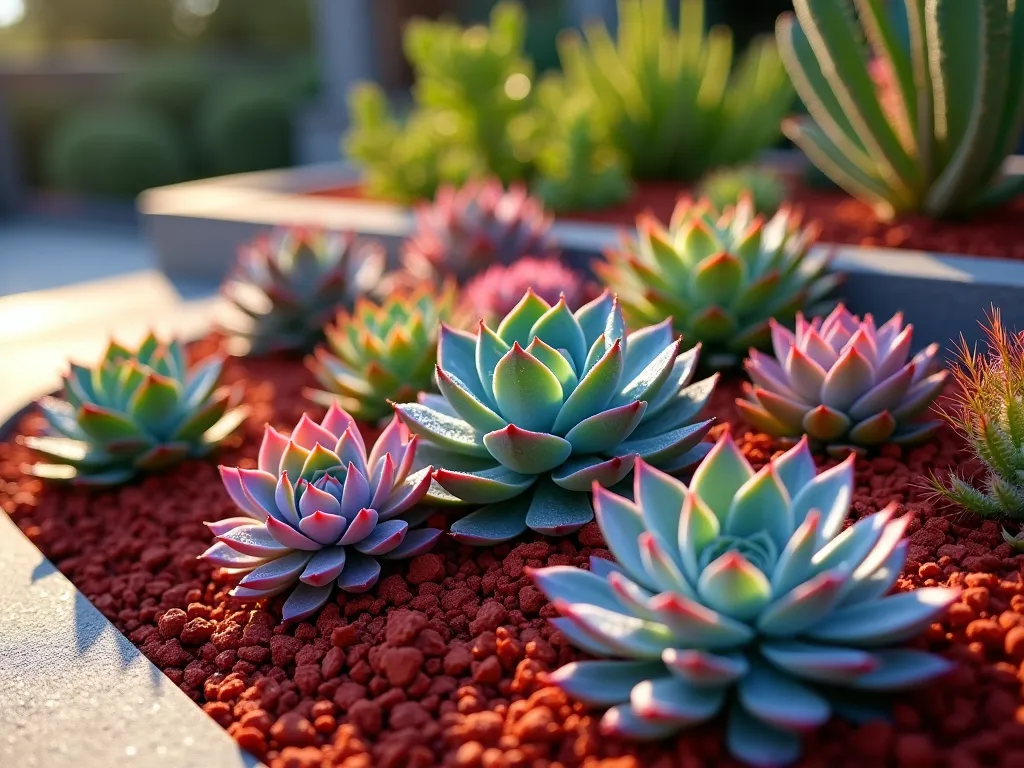 Modern Succulent Garden with Red Mulch - A professionally captured DSLR photo of a stunning modern succulent garden display at golden hour. Various colorful succulents including Echeveria, Sedum, and Aeonium arranged in an artistic spiral pattern against vibrant red mulch. The late afternoon sunlight casts long shadows, emphasizing the sculptural forms of the succulents. Shot from a 45-degree angle showing depth and dimension, with a desert-modern concrete planter in the background. The rich crimson mulch creates a dramatic backdrop that makes the blue-green, purple, and pink succulent rosettes pop. Crystal-clear detail captures water droplets on the succulent leaves, with natural bokeh effect in the background. f/8, ISO 100, 1/125 sec.