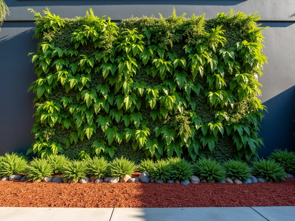 Modern Vertical Garden with Red Mulch Border - A stunning DSLR wide-angle shot of a contemporary vertical garden wall featuring cascading green plants and ferns against a sleek dark grey wall, with a neat, vibrant red mulch border at its base creating a striking contrast. The living wall rises 8 feet tall, with variegated foliage creating intricate patterns. Late afternoon sunlight casts gentle shadows across the textured plant surface, while the fresh red cedar mulch forms a precise 2-foot wide border that catches water droplets glistening in the golden hour light. Small decorative rocks line the edge of the mulch border, creating a professional landscaping transition. Shot at f/8 with natural lighting highlighting the dimensional layers of greenery against the architectural backdrop.