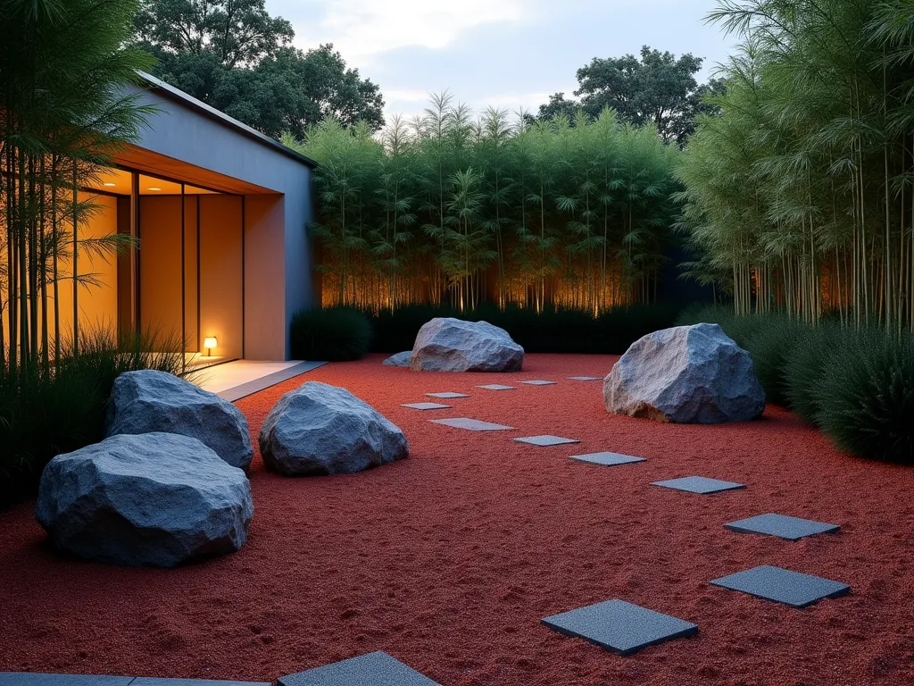 Modern Zen Garden with Red Mulch Pathways - A serene modern Zen garden at dusk, photographed from a low angle with a wide-angle lens. Rich crimson red mulch creates winding pathways through the space, contrasting dramatically with large, smooth granite boulders arranged in contemplative clusters. Tall, emerald bamboo stalks rise gracefully in the background, casting gentle shadows on the mulched surface. Clean-lined concrete borders frame the pathways, while strategic landscape lighting casts a warm glow on the boulders and illuminates the bamboo from below. The minimalist design features carefully spaced black mondo grass in geometric patterns, creating a contemporary interpretation of traditional Japanese garden aesthetics. The scene is captured with crystal clarity, emphasizing the textural interplay between the smooth stones, coarse mulch, and sleek architectural elements. 8k resolution, professional lighting, hyper-realistic detail