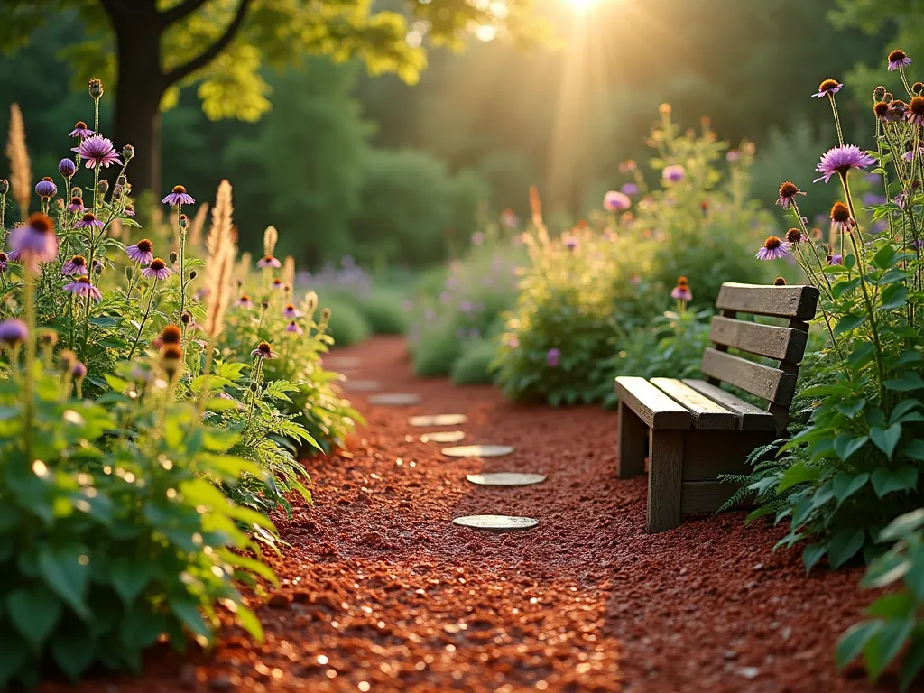 Native Plant Garden with Red Mulch Border - A serene morning garden scene captured with a wide-angle lens, showcasing a naturally flowing garden path lined with vibrant red cedar mulch. Native flowering plants like purple coneflowers, black-eyed susans, and butterfly milkweed create bursts of color against the rich red mulch background. Young native grasses emerge through the mulch, while established butterfly bushes provide height variation. Morning dew glistens on the plants, with golden sunlight filtering through nearby trees. The mulched borders create clean, defined edges that contrast beautifully with the wild, natural growth of the native species. A rustic wooden bench sits nestled among the plantings, suggesting a peaceful retreat. Professional DSLR photo with pristine clarity, natural lighting, and perfect depth of field.