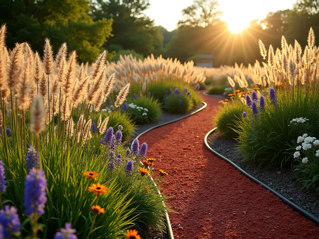 Prairie Style Garden with Red Mulch Pathways - A sweeping wide-angle DSLR photo of a naturalistic prairie-style garden at golden hour, featuring flowing waves of tall ornamental grasses like Feather Reed Grass and Little Bluestem interspersed with purple coneflowers and black-eyed susans. Rich red mulch creates winding pathways and defined borders through the landscape, providing striking contrast against the ethereal grasses. The low sunlight casts long shadows across the textured garden, highlighting the copper-colored seed heads and silvery grass plumes. Native wildflowers in purple, yellow, and white dot the landscape while contemporary metal garden edging contains the red mulch borders. Shot at f/8 with perfect depth of field capturing both foreground detail and the atmospheric garden expanse.