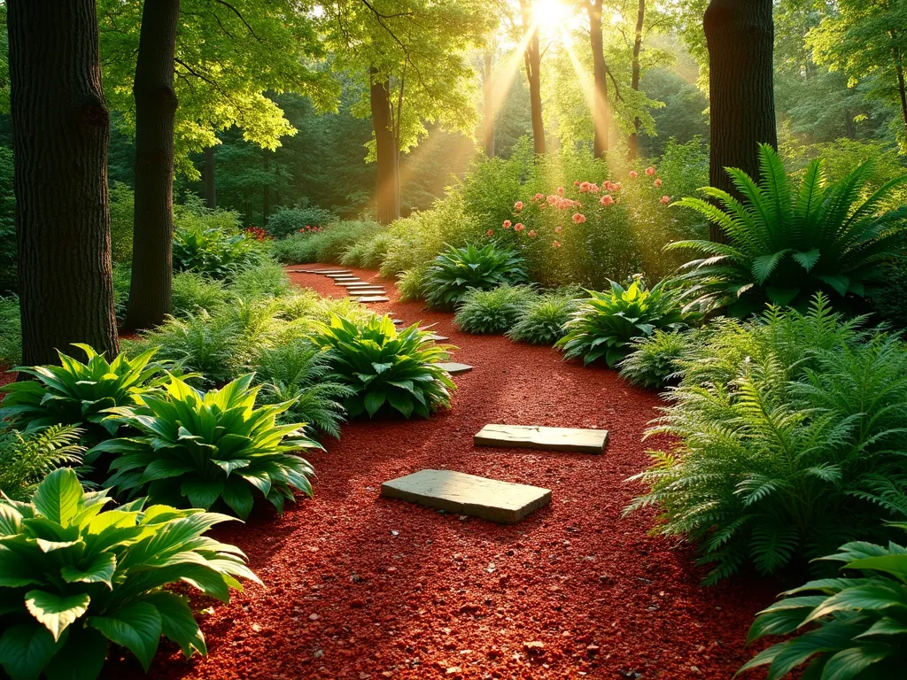 Serene Red Mulch Shade Garden - A serene shade garden photographed during golden hour, featuring a winding path through lush greenery. Vibrant red mulch creates striking contrast against variegated hostas, delicate Japanese painted ferns, and emerald green autumn ferns. Dappled sunlight filters through overhead maple trees, creating magical light patterns on the mulched ground. Natural stone steps lead through the garden, while woodland flowers add subtle pops of color. Shot with a wide-angle lens capturing the peaceful sanctuary-like atmosphere, with perfect depth of field showing both close details and the garden's overall design. Professional DSLR photography, f/8, ISO 100, 1/125 sec, natural lighting enhancing the rich red tones of the mulch and the varying shades of green foliage.