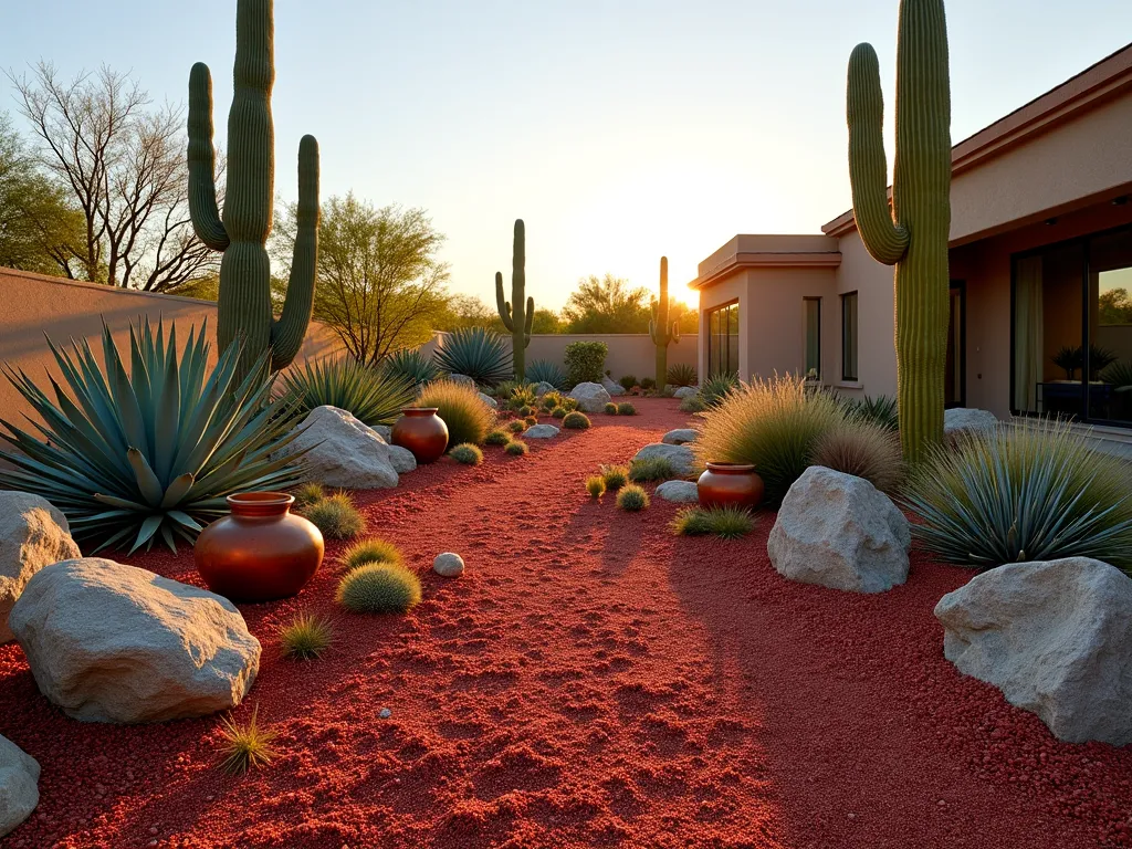 Southwestern Desert Garden with Red Mulch - A stunning wide-angle view of a modern desert xeriscape garden at golden hour, featuring vibrant red mulch pathways winding between clusters of blue agave, silver-gray desert spoon, and towering saguaro cacti. Decorative bronze-colored boulders and weathered sandstone rocks create natural focal points, while Mexican feather grass sways gently in the foreground. The landscape is accented with rustic copper garden art and terra cotta pottery, creating a harmonious southwestern aesthetic. Soft evening sunlight casts long shadows across the textured red mulch ground cover, highlighting its rich crimson tones against the muted desert palette. Professional landscaping photography style, high resolution, dramatic lighting.