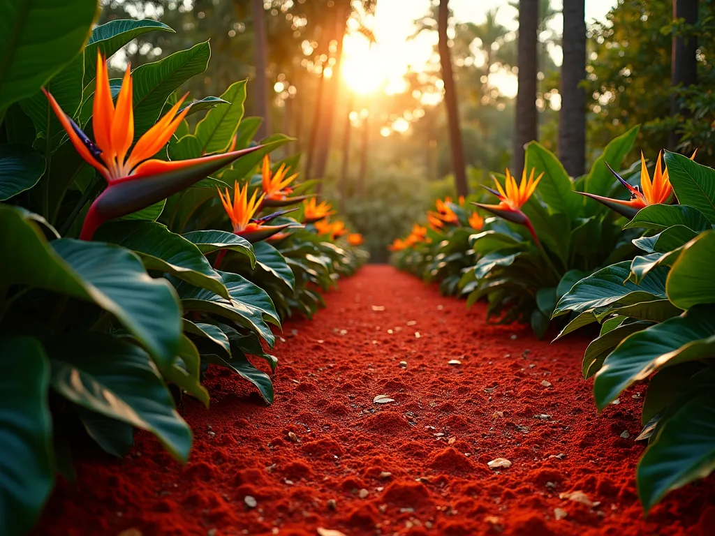 Tropical Border with Red Mulch at Sunset - A stunning wide-angle photograph of a lush tropical garden border at golden hour, shot with a 16-35mm lens at f/2.8, ISO 400. Vibrant red mulch creates a dramatic curved border path, richly textured and contrasting beautifully with towering elephant ears and bird of paradise plants. Large canna lilies with deep green leaves and orange blooms emerge from the mulched bed, while the setting sun casts warm, golden light through the tropical foliage. The red mulch appears to glow in the evening light, creating a striking color harmony with the exotic plants. Depth of field captures both the detailed texture of the mulch in the foreground and the majestic height of the tropical plants in the background, with subtle bokeh effects through the leaves.