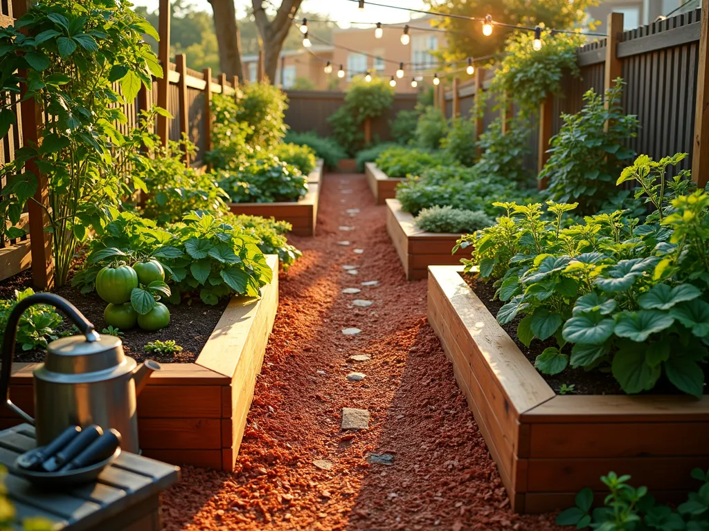 Modern Urban Vegetable Garden with Red Mulch Pathways - A beautifully organized urban vegetable garden photographed during golden hour, featuring elevated cedar raised beds filled with lush vegetables arranged in a geometric pattern. Wide brick-red mulch pathways wind between the beds, creating clean, accessible walkways. The low evening sun casts long shadows across the mulched paths, highlighting their rich crimson color. Various vegetables including tomatoes, leafy greens, and herbs grow abundantly in the beds. A DSLR wide-angle shot captures the entire garden layout while maintaining crisp detail of the mulch texture and plant foliage. The scene includes a modern metal watering can and garden tools neatly arranged on a small potting bench, adding human elements to the composition. Natural wooden stakes support climbing plants, while string lights hung overhead create ambient charm.