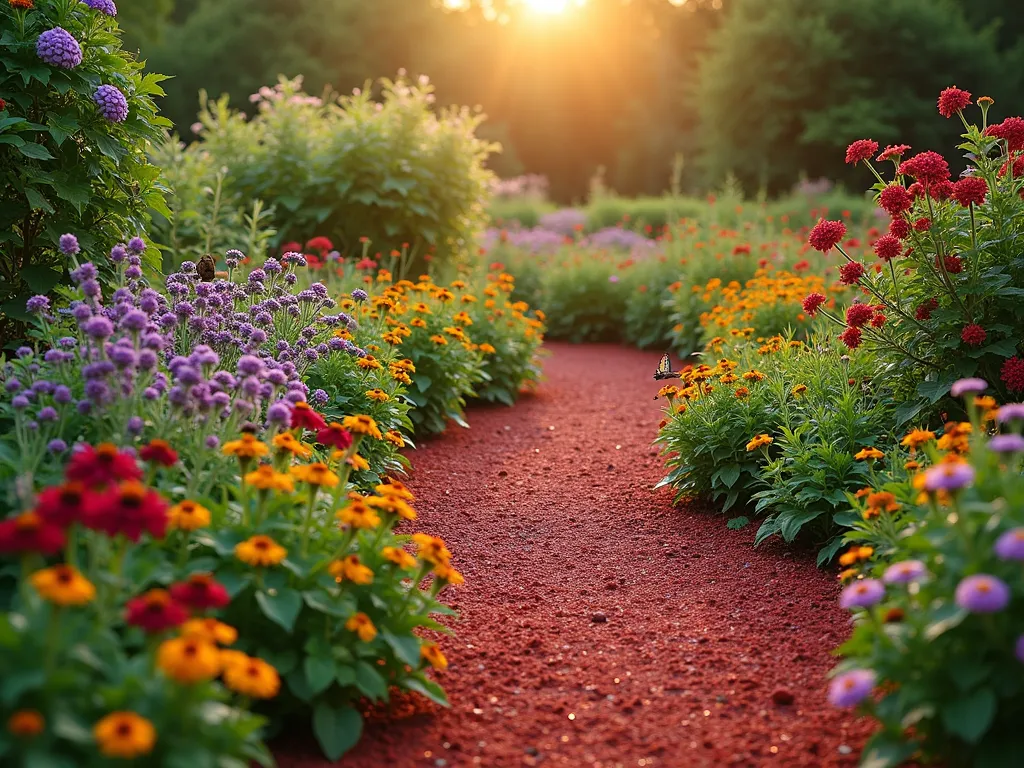 Wildlife-Friendly Red Mulch Garden Border at Dawn - A serene wide-angle DSLR photograph of a beautifully curved garden border at dawn, showcasing vibrant red mulch paths winding between clusters of native wildflowers and berry-producing shrubs. Morning light filters through the foliage, creating golden highlights on dewdrops. Purple coneflowers, black-eyed susans, and native salvia attract butterflies, while red chokeberry bushes laden with berries draw birds. A small solar-powered water feature provides a focal point, with several birds perched on its edges. The red mulch creates striking contrast against the green foliage and multicolored blooms, photographed with professional lighting, perfect focus, and rich detail. Depth of field captures both foreground flower detail and background garden perspective. Shot with f/8 aperture, ISO 100, creating a magazine-quality wildlife sanctuary scene.