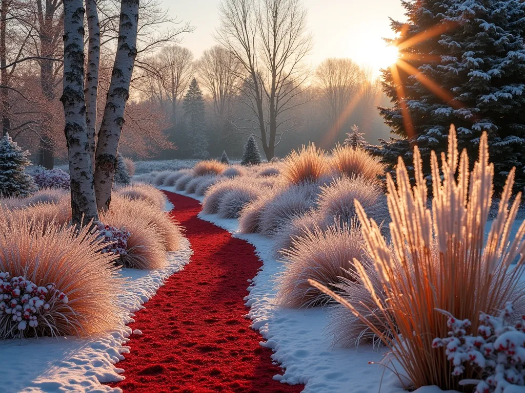 Winter Garden with Red Mulch and Ornamental Grasses - A serene winter garden landscape photographed during golden hour, featuring vibrant red mulch pathways winding through beds of frost-covered ornamental grasses. Winterberry holly bushes laden with bright red berries provide striking focal points, while the papery bark of river birch trees adds textural interest. Snow-dusted Miscanthus grasses sway gracefully in the foreground, their copper-colored plumes catching the warm evening light. The wide-angle composition showcases the dramatic contrast between the rich red mulch and the white snow, with architectural evergreens providing structure in the background. Shot with shallow depth of field to create a dreamy atmosphere.