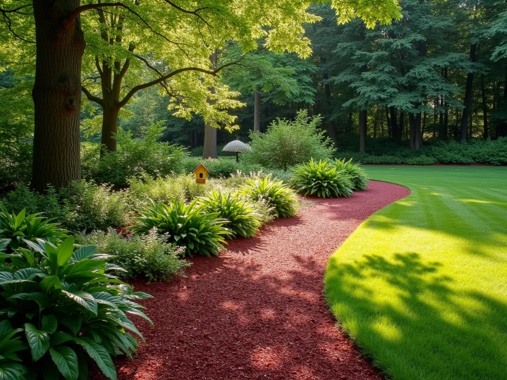 Woodland Edge Red Mulch Border - A serene late afternoon landscape photograph of a gracefully curved red mulch pathway meandering between a manicured lawn and dense woodland area. Native shade-loving ferns, hostas, and woodland phlox create a lush border along the path, their varying heights creating natural layers. Dappled sunlight filters through the tree canopy, casting gentle shadows on the rich burgundy-colored mulch. Native flowering dogwoods and serviceberry trees provide a mid-story transition. The composition captures the natural flow from maintained lawn to wild forest, with bird feeders discretely placed among native plantings. Shot with a wide-angle lens to showcase the sweeping curve of the border, with the golden hour sun highlighting the vibrant red mulch against the cool green foliage. Professional DSLR photography, f/8, ISO 100, 1/125 sec.