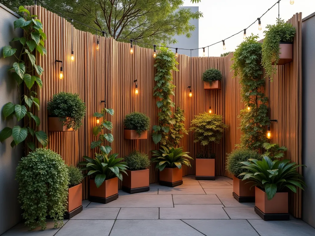 Bamboo Privacy Screen with Climbing Plants - A modern urban patio space at golden hour featuring a freestanding natural bamboo screen privacy wall with attached copper-colored rectangular planters. Lush climbing jasmine and pothos cascade elegantly down the bamboo panels, while matching hanging planters with trailing plants create a living wall effect. The bamboo screen is positioned against a neutral-toned apartment wall, photographed from a 45-degree angle to show depth and dimensionality. Soft evening light filters through the bamboo creating intricate shadow patterns on the stone patio floor, while string lights weave through the climbing plants adding a warm ambiance. The portable nature of the setup is subtly evident, with the screen's feet visible but tastefully integrated into the design.